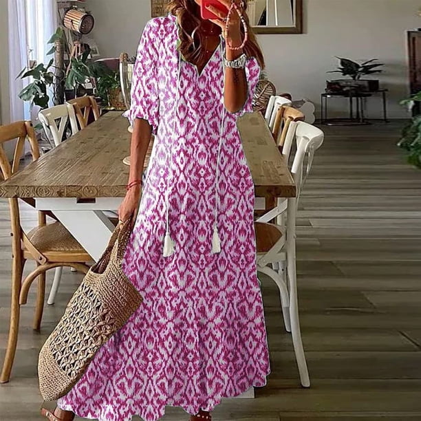 WILLBEST Vestidos para Mujer Verano Nuevo Vestido de Mujer de Manga Media y Larga con Borlas Estampado Bohemio Ancho Cuello En V Largo 860 Grande