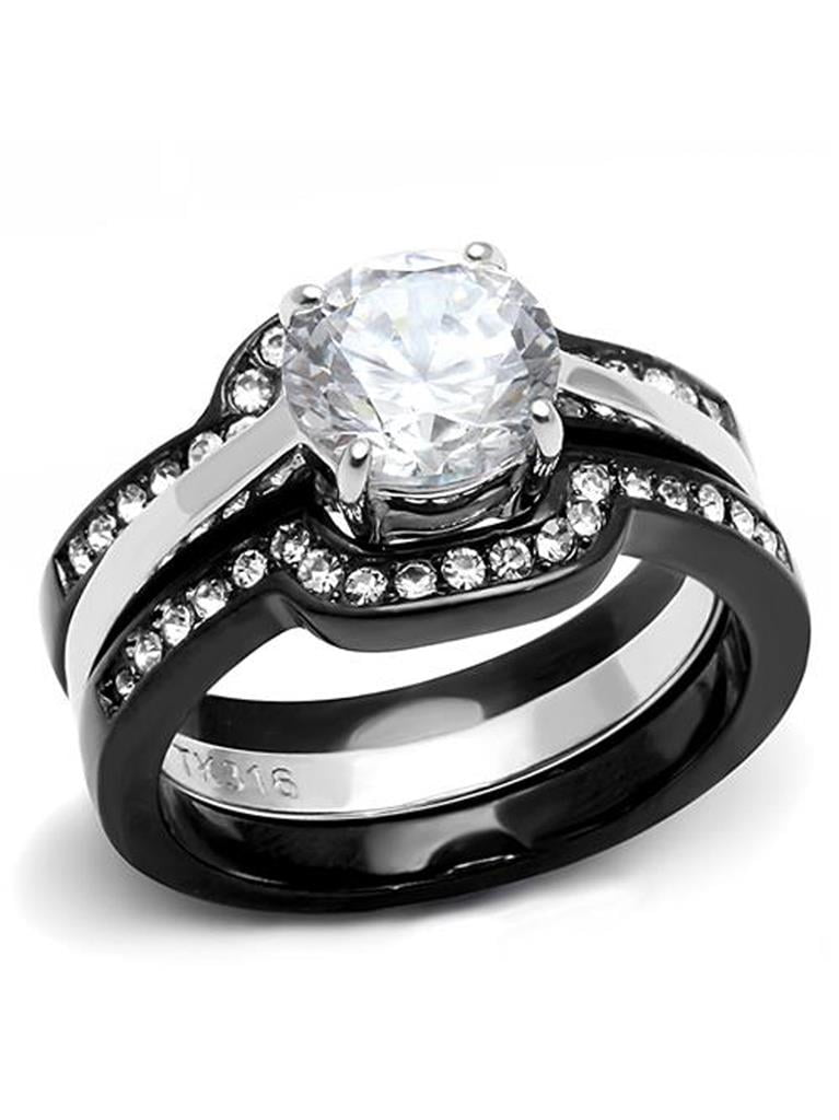 3 PCS Cushion Cut Black IP Two-Tone Stainless Steel Engagement Rings Set 