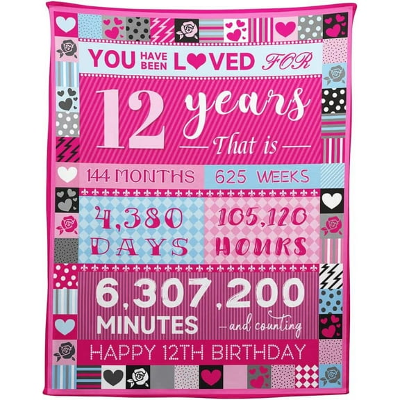 12 Year Old Girl Birthday Gifts, Pink Love Rose Elements Happy Birthday Blanket, Sweet 12 Gifts for Girls Daughters Sisters Friends, 50"x60"
