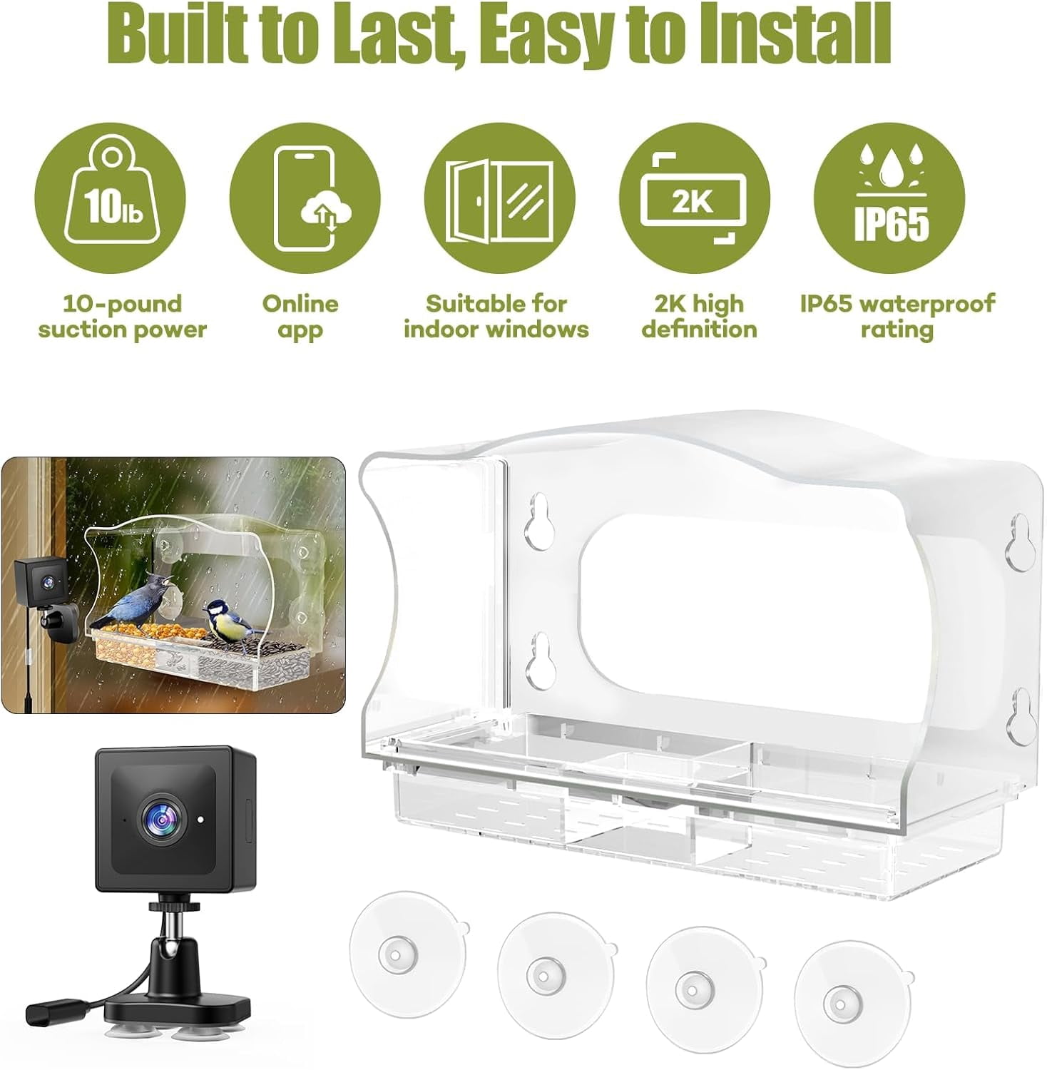 Coolfly x Freeseason Smart Window Bird Feeder with 2K HD Camera, Suction Cup Mount for Apartments, Anti-Glare Video with AI Species ID & No Monthly Fees - Modern Flat Top Design