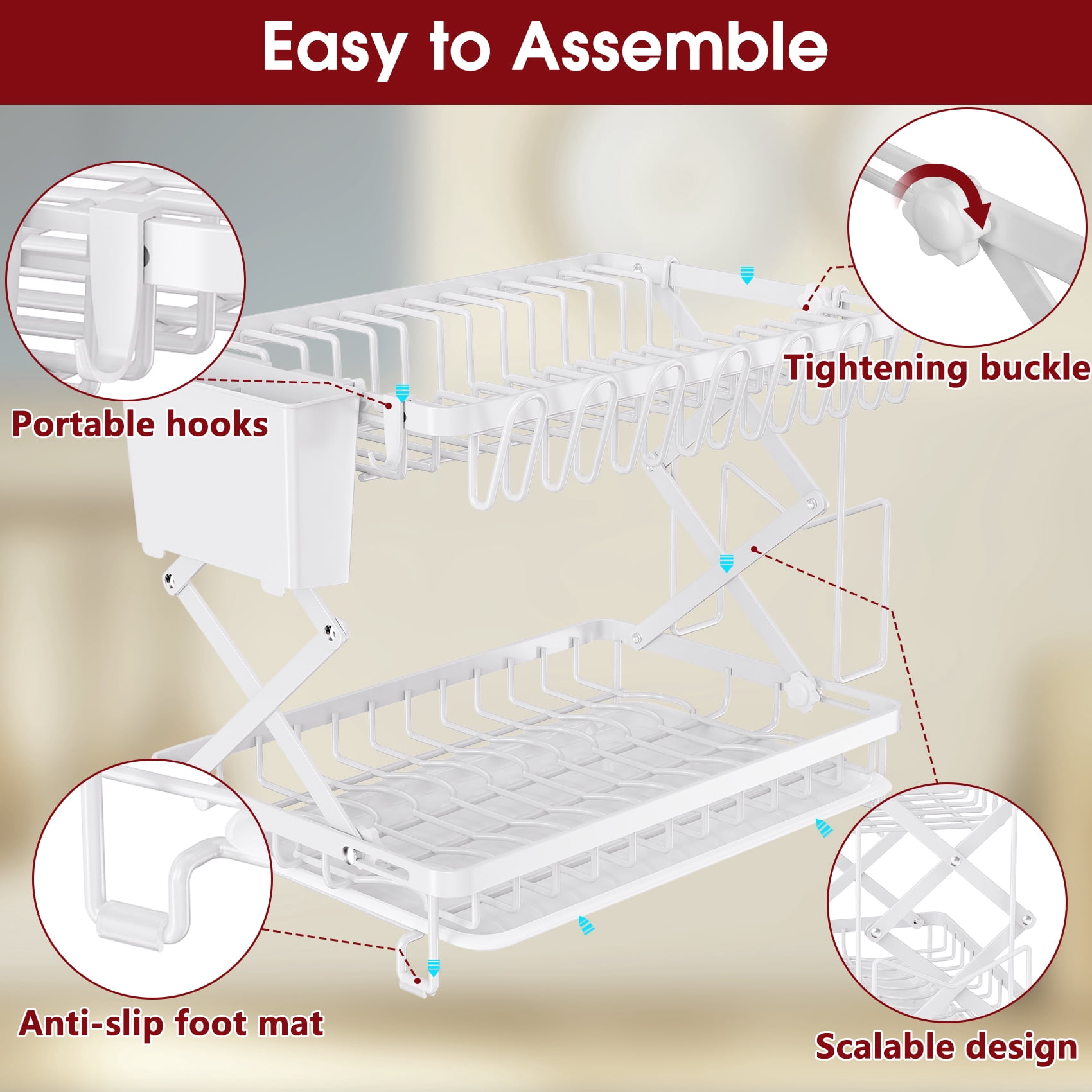 Glovv 2-Tier Large Dish Racks for Kitchen Counter, Space Saving Collapsible Dish Drying Rack, Dish Drainer Sink Organizer with Utensil Holder for Dishes, Spoons and Forks, White