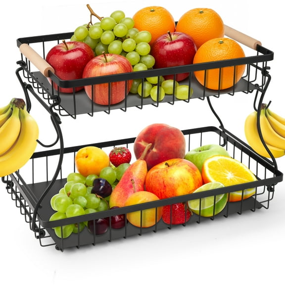 Qissep 2 Tier Fruit Basket with Hooks,Detachable Metal Fruit Vegetable Storage Basket Storage,Rectangular Stand Basket,with Wooden Handle,Black