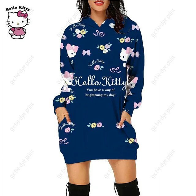 Nouveau Chandail à Capuchon Léopard Hello Kitty Femme Simple Col Rond Polyvalent Chandail Long Bureau Décontracté Ample Chandails à Capuchon Robe d'Automne