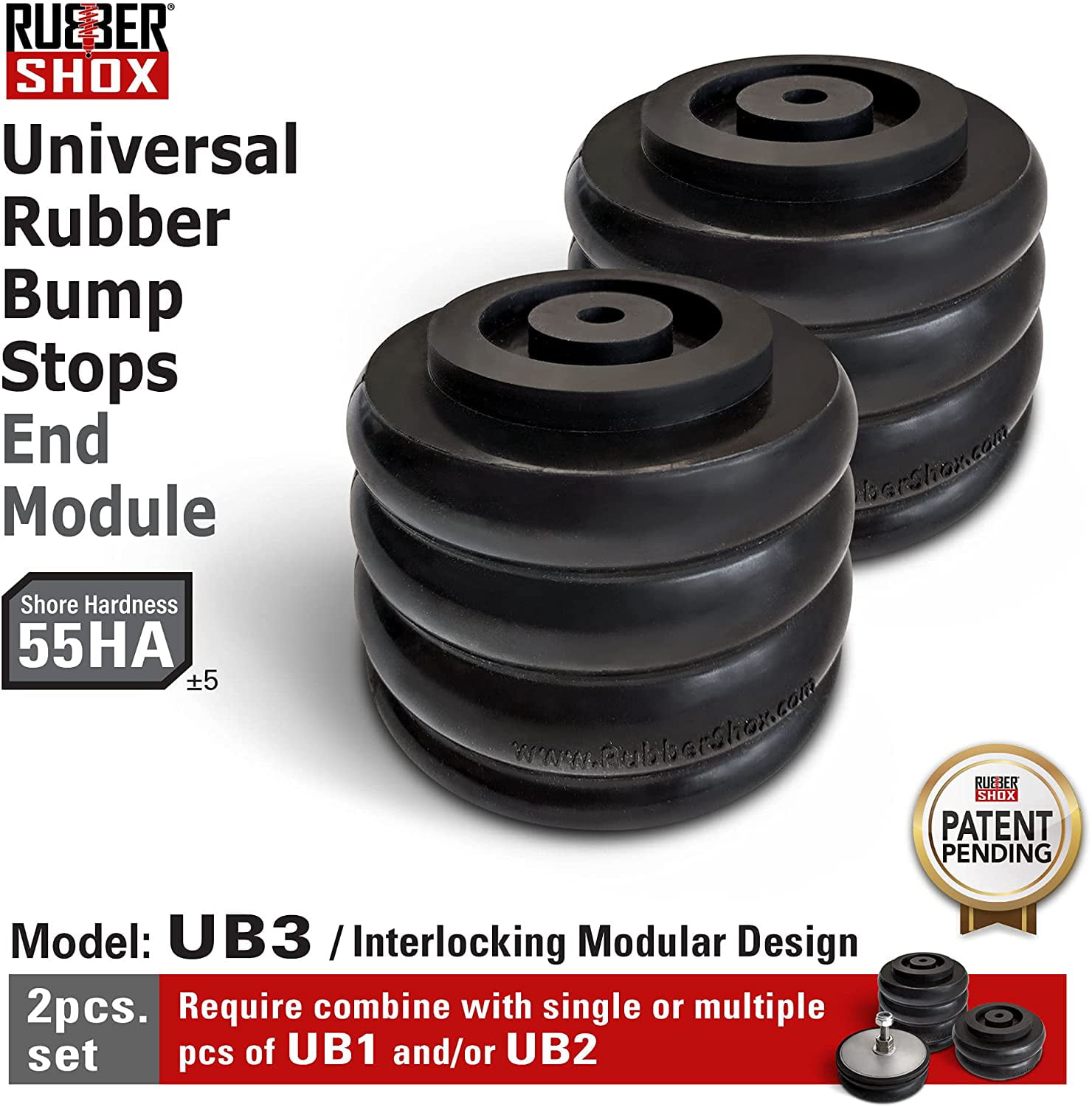 RubberShox Modular Universal Rubber Bump Stop for Truck and RV Suspension  Enhancement, UB3 Sub-Module, 5000 lbs/Pair, Hardness 55HA, Require UB1 Top  Module
