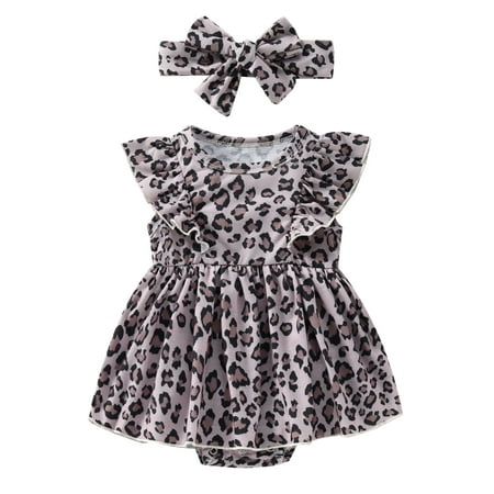 

Newborn Baby Girls Leopard Bodysuit One-Piece Clothes with Headband Summer Sunsuit Outfits