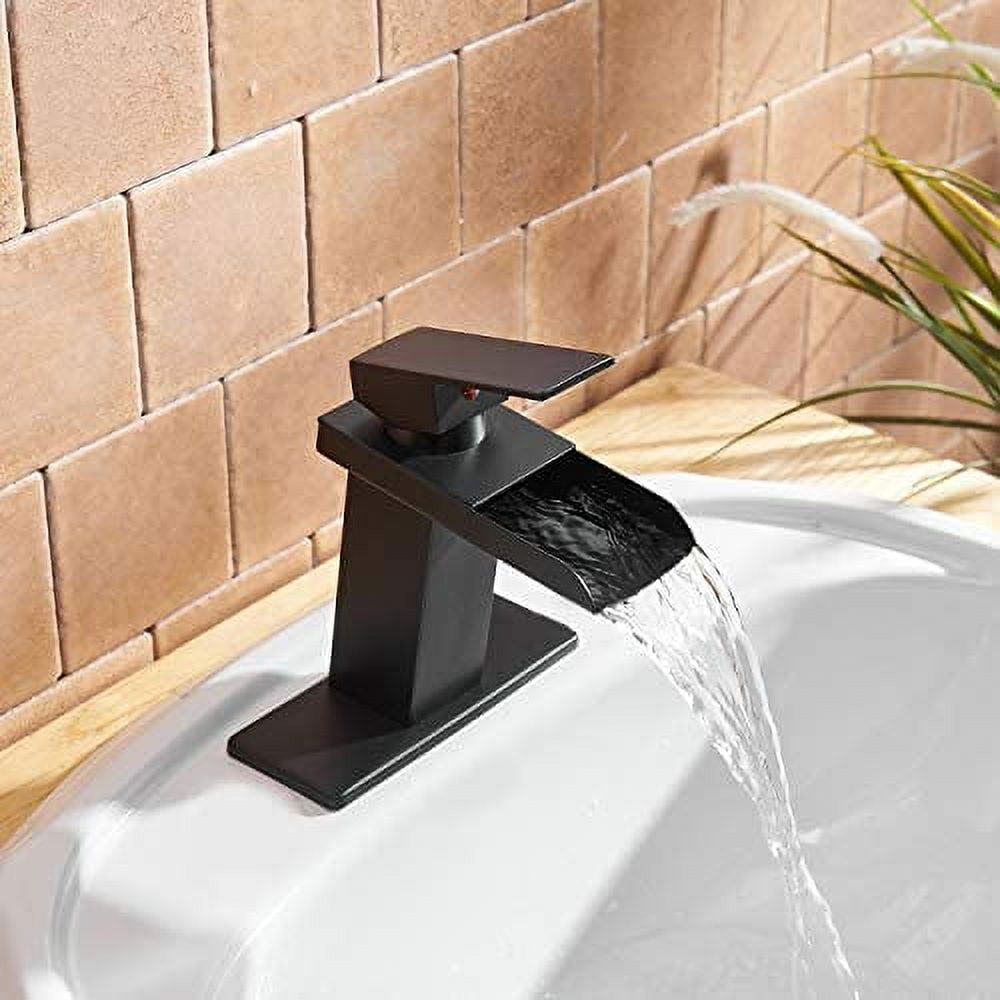 BWE Bathroom Sink Faucet Oil Rubbed Bronze Waterfall with Pop Up Drain Assembly and Supply Line Single Handle Single Hole Bathroom Faucets Deck Mount Lavatory Mixer Tap Lead-Free