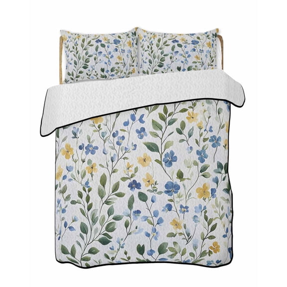 Blue Yellow Floral Spring Summer Quilt Set Queen Size,Soft Quilted Bedding Set with 2 Pillow Shams,Summer Pastoral Botanical Green Lightweight All Season Bedspread Coverlet for Bedroom 90"x96"