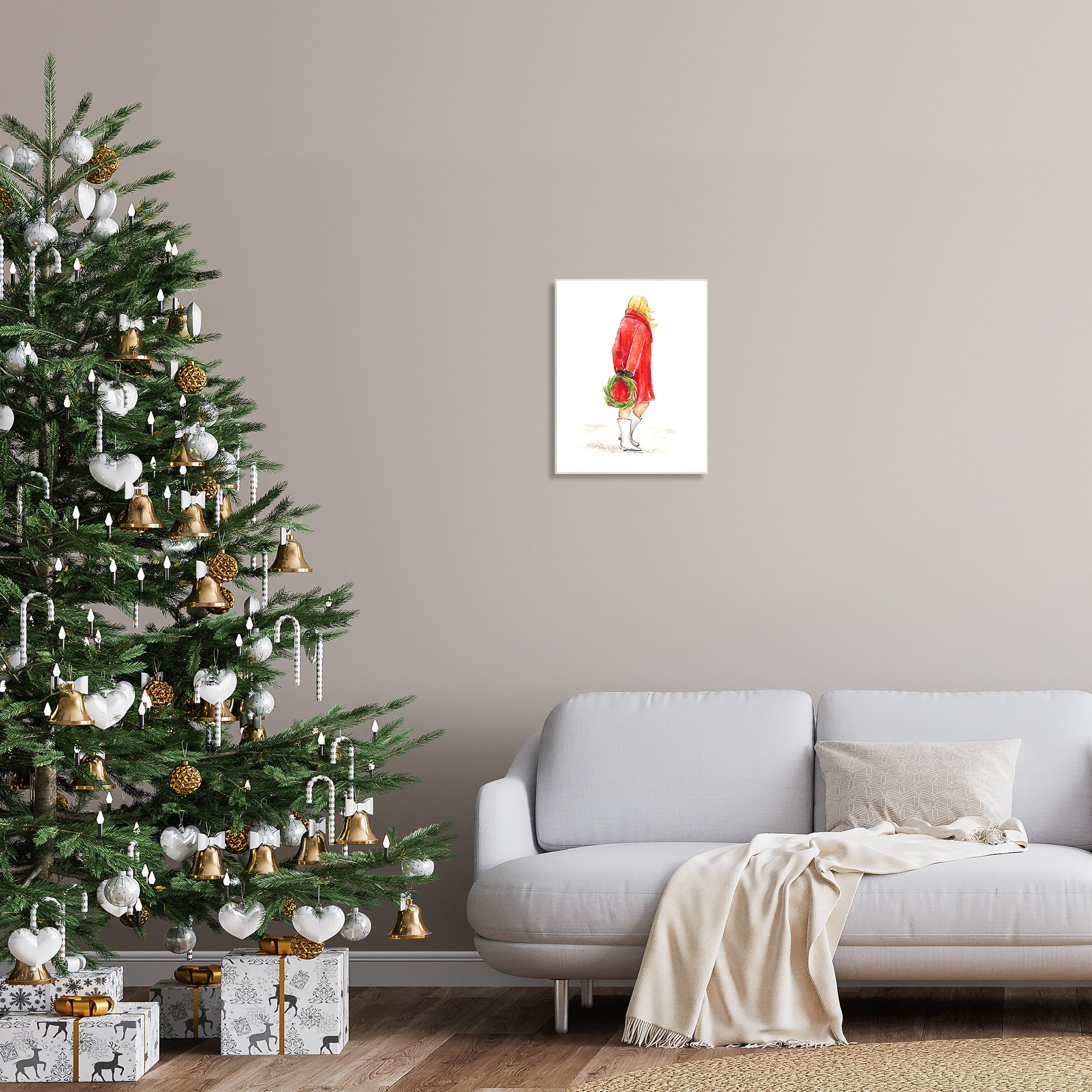 Stupell Indtries Glam Fashion Red Jacket Christmas Woman with Wreath,13 x 19,Design by Lanie Loreth