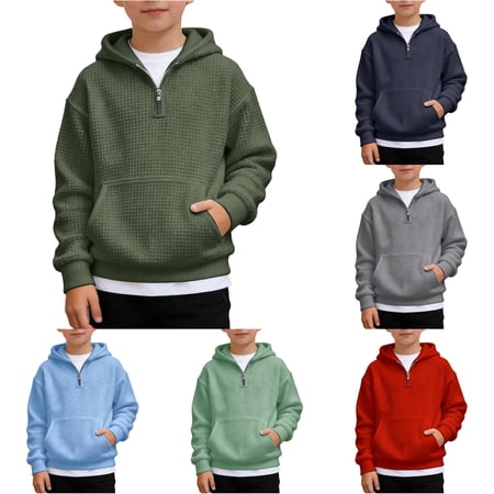 AWZXDE Boys Quarter Zip Knit Hoodie Long Sleeve Pullover Casual Athletic Sweatshirt For Kids Youth Comfortable Soft Dark Green 4-5Years