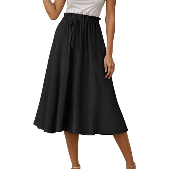 MIXUE Skirts For Women Summer Solid Color Elastic Waist Drawstring A Line Causal Midi Pockets Skirt Outwear,Black,S