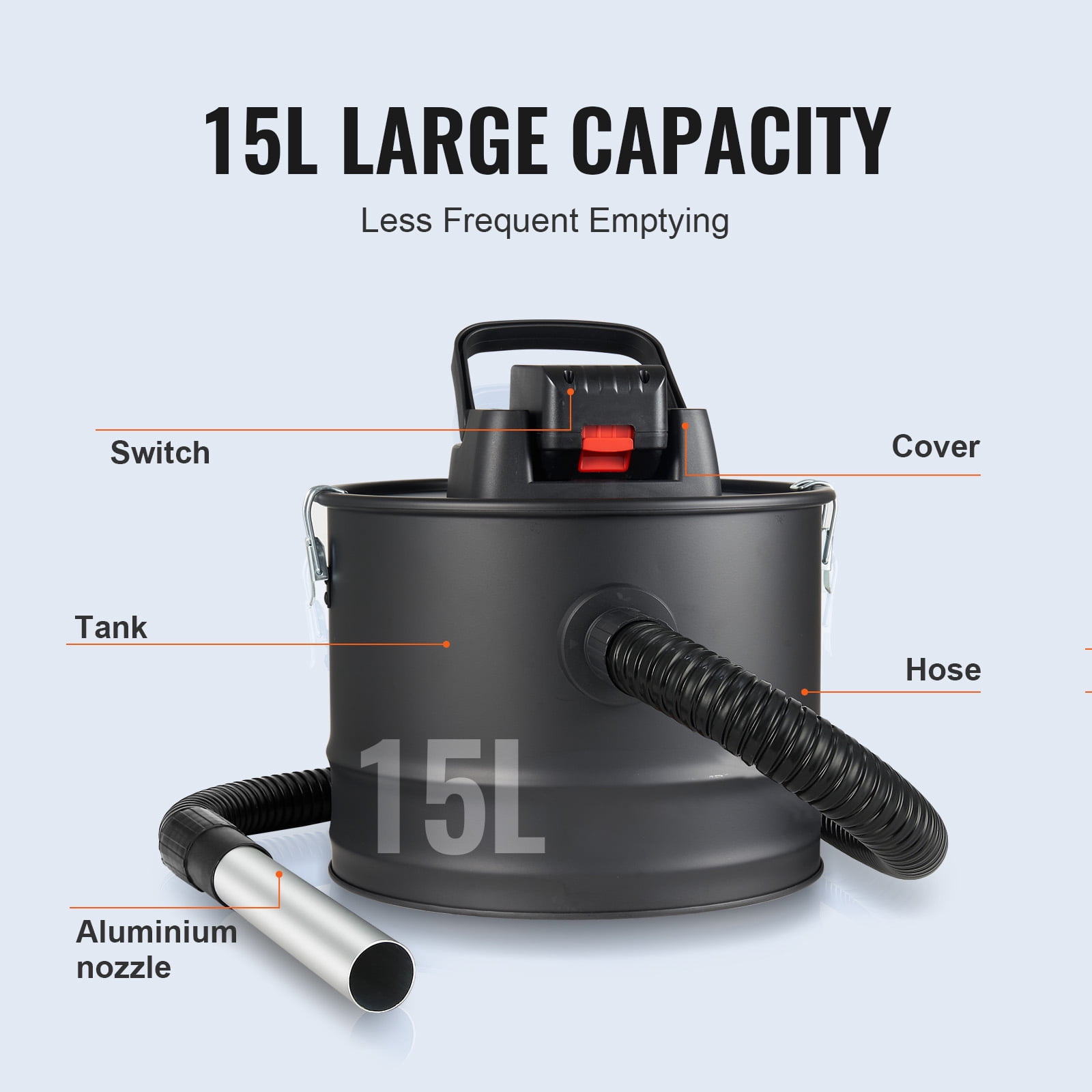 KFFKFF Ash Vacuum, 15L, Strong Suction, Reversible Airflow, 5.9 ft Cord, 10 Kpa Vacuum Power, Ideal for Fireplaces, Pellet & Wood Stoves, Black