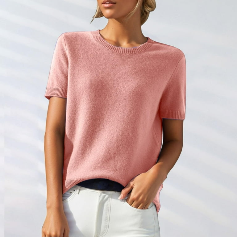 Merino Wool Short Sleeve Crewneck Sweater Top 100% Merino Wool