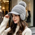 thumbnail image 2 of Fleece Beanie Hats with Earflaps Visor Brim Winter Knit Ski Cap Winter Hats for Women Pom Pom Ball Gray One Size, 2 of 5