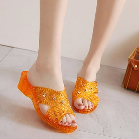

SUODUI Women s Slippers Plastic Jelly Rhinestone Slippers Medium Heel Flat Thick Sole Casual Shoes Fashion Slippers Gold 7