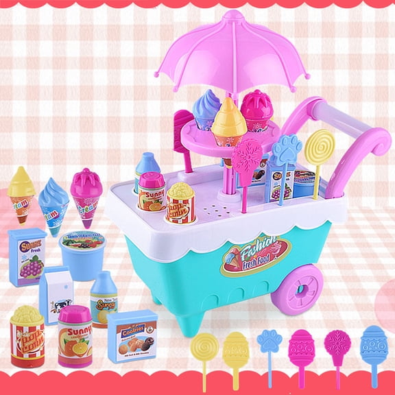Qocolhg Pretend Play Toy Ice Cream Cart for Kids, Ice Cream Play Set with Attachable Food Items, Shop Counter Playset for Girls Boys, Birthday Christmas Gift for Ages 3 4 5 6 7 8