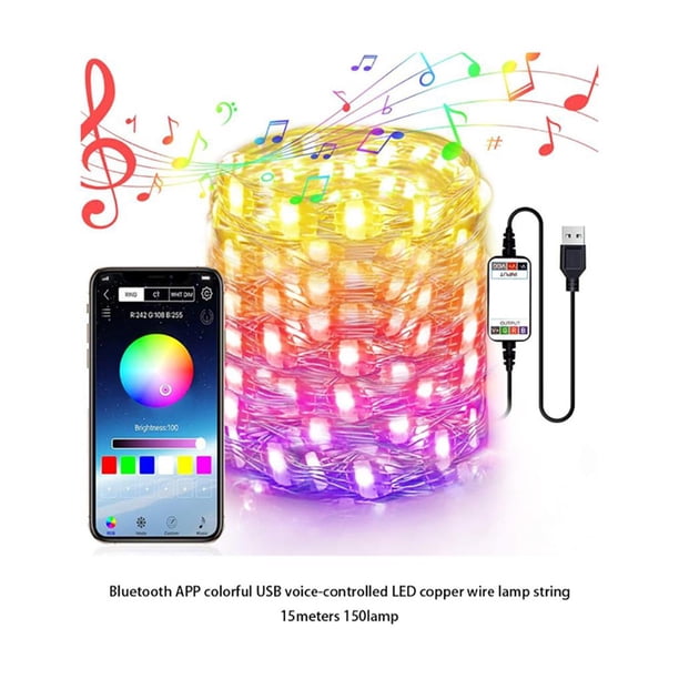 Billuyoard Tira de luces LED USB, Control por aplicación Bluetooth, lámpara de cadena de alambre de cobre, luz de hadas impermeable para exteriores para Iluminación navideña No.8 Billuyoard HA025790-08