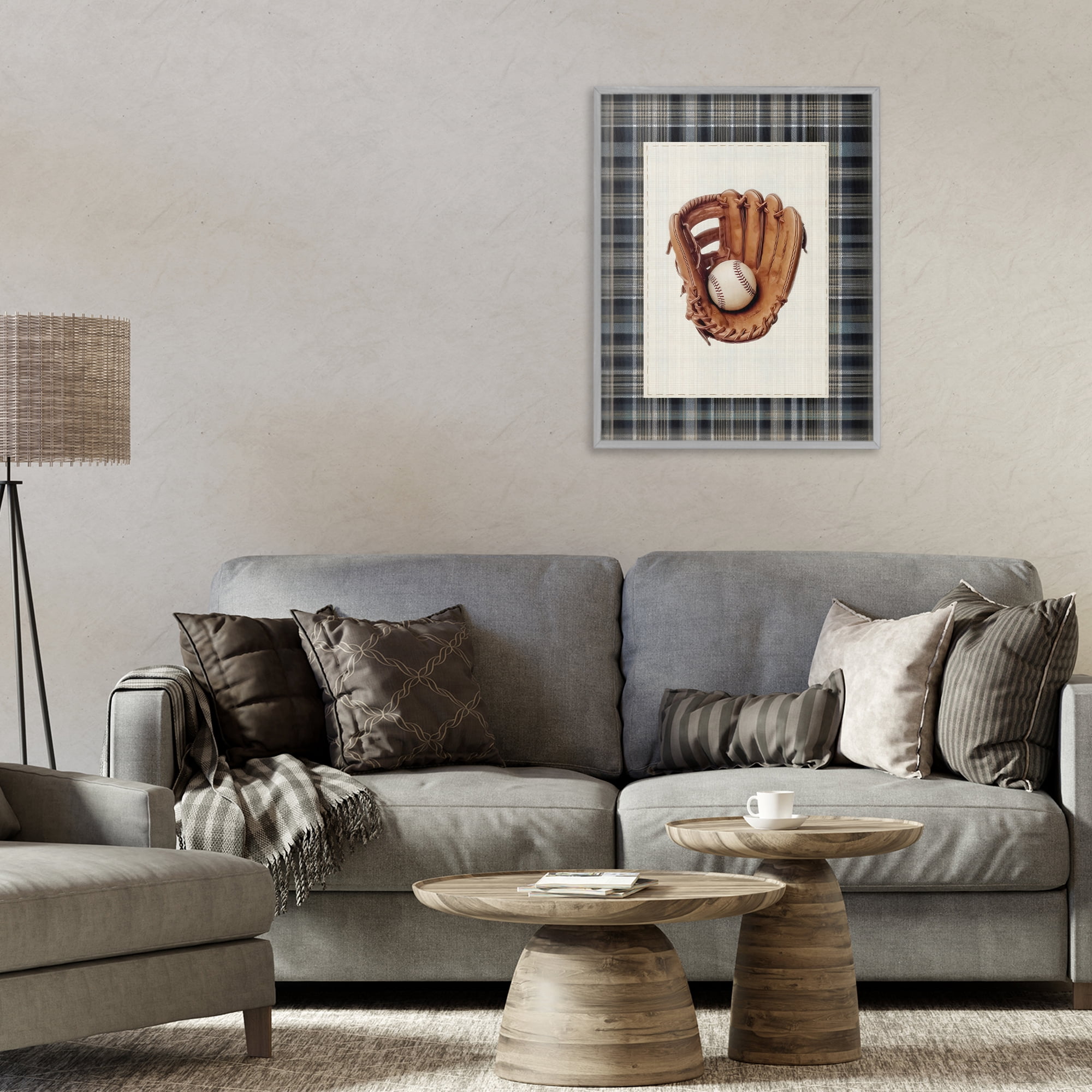 Stupell Industries Baseball Glove with Plaid Gray Framed Giclee Art, design by Arlington Prints