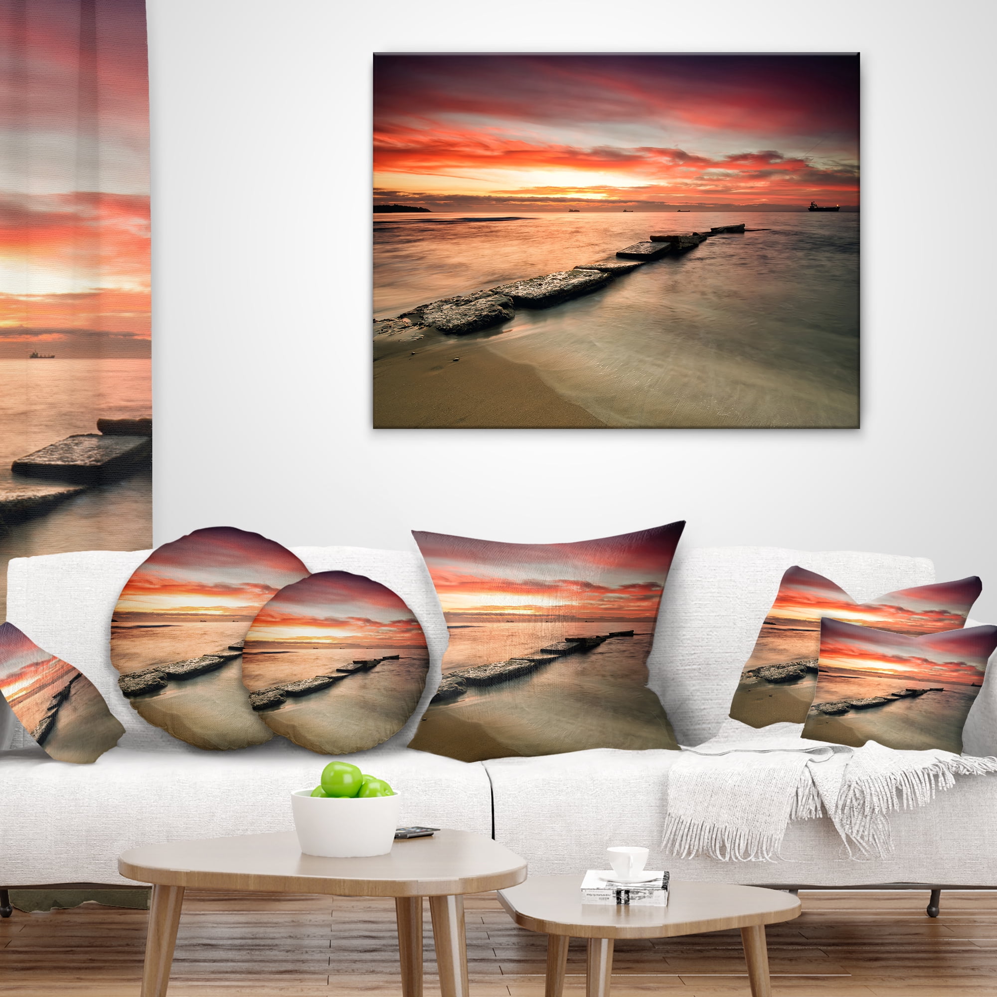 Designart Wonderful Sunrise on Black Ocean - Beach Photo Throw Pillow - 16x16