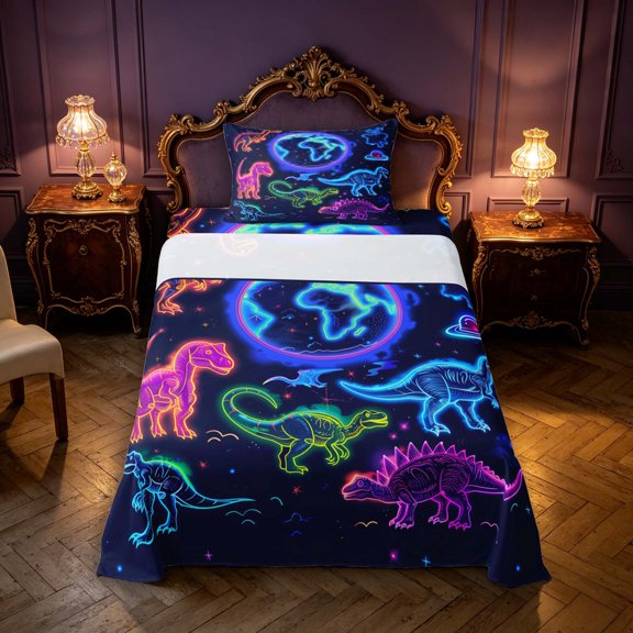Manfei Neon Dinosaur Wildlife Twin Sheets,Gothic Cloud Stars Bedding,Blue Pink,3pcs,1 Flat Sheet,1 Fitted Sheet and 1 Pillowcase