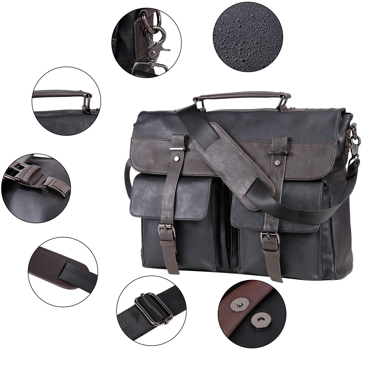 seyfocnia Men's Vintage Black 17.3 Inch Water Resistant PU Leather Laptop Bag, Messenger Bag, Satchel, Briefcase