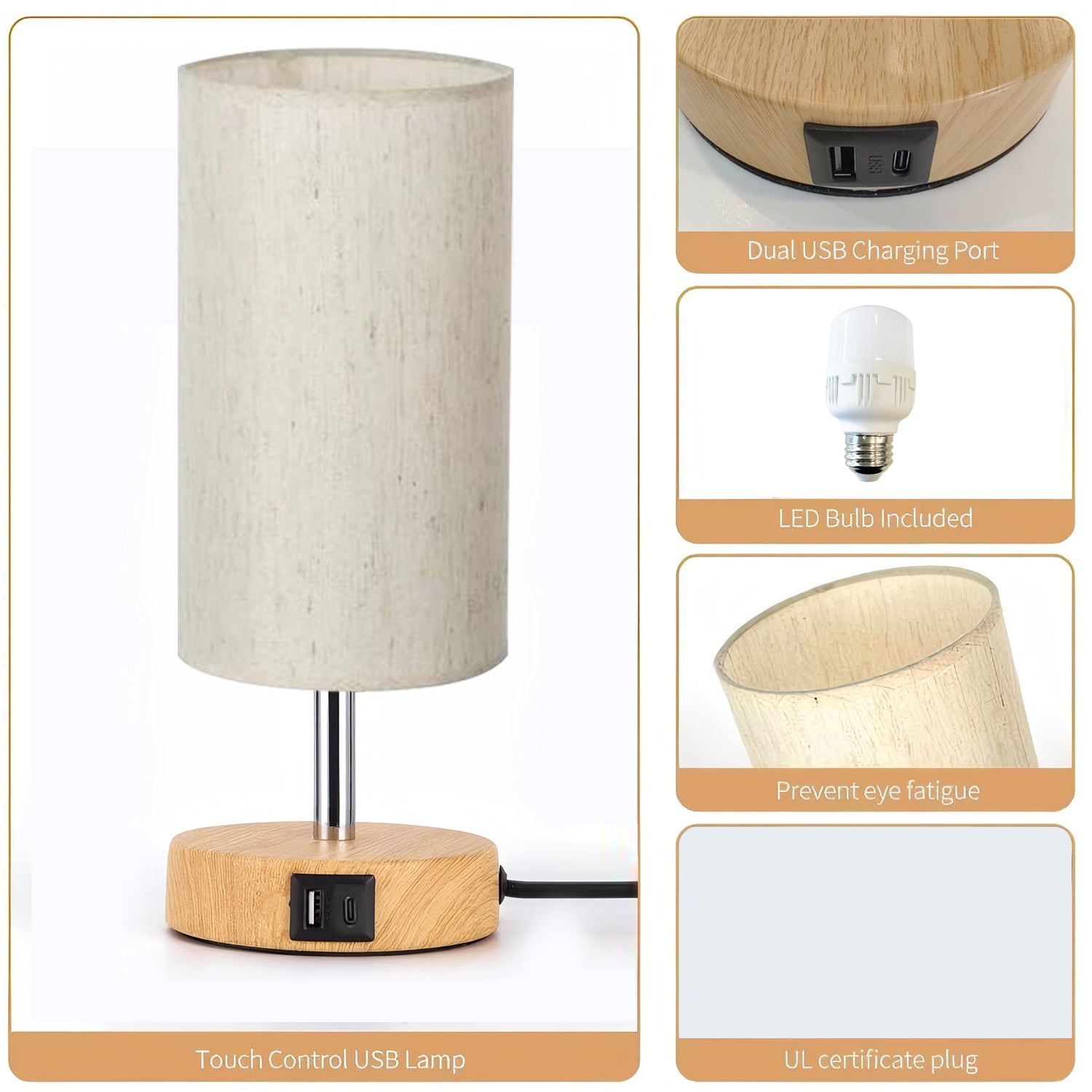 Behome Table Lamp, Bedside Small Lamps with 3 Way Dimmable, Lamp for Nightstand, Desk Lamp for Living Room, Dorm, Home Office (LED Bulb Included)