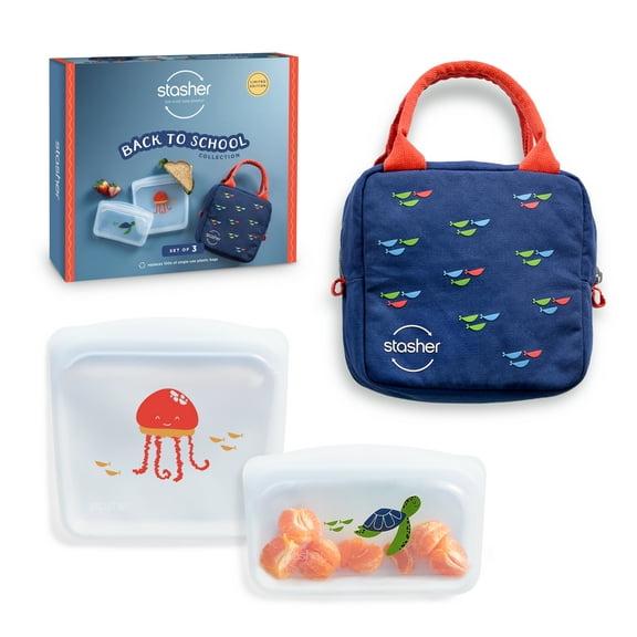 Stasher Back to School Collection: Premium Silicone Reusable Food Storage Bags & Lunch Bag, 3-Pack, Multi-Use, Lunch Bag, Leak-free, Dishwasher Safe, Eco-friendly