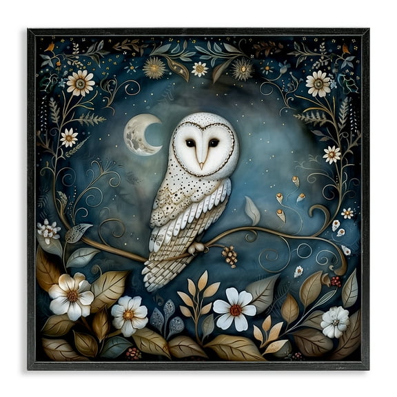 Stupell Industries White Owl Forest Scene Animals Painting Black Framed Art Print Wall Art, 12 x 12