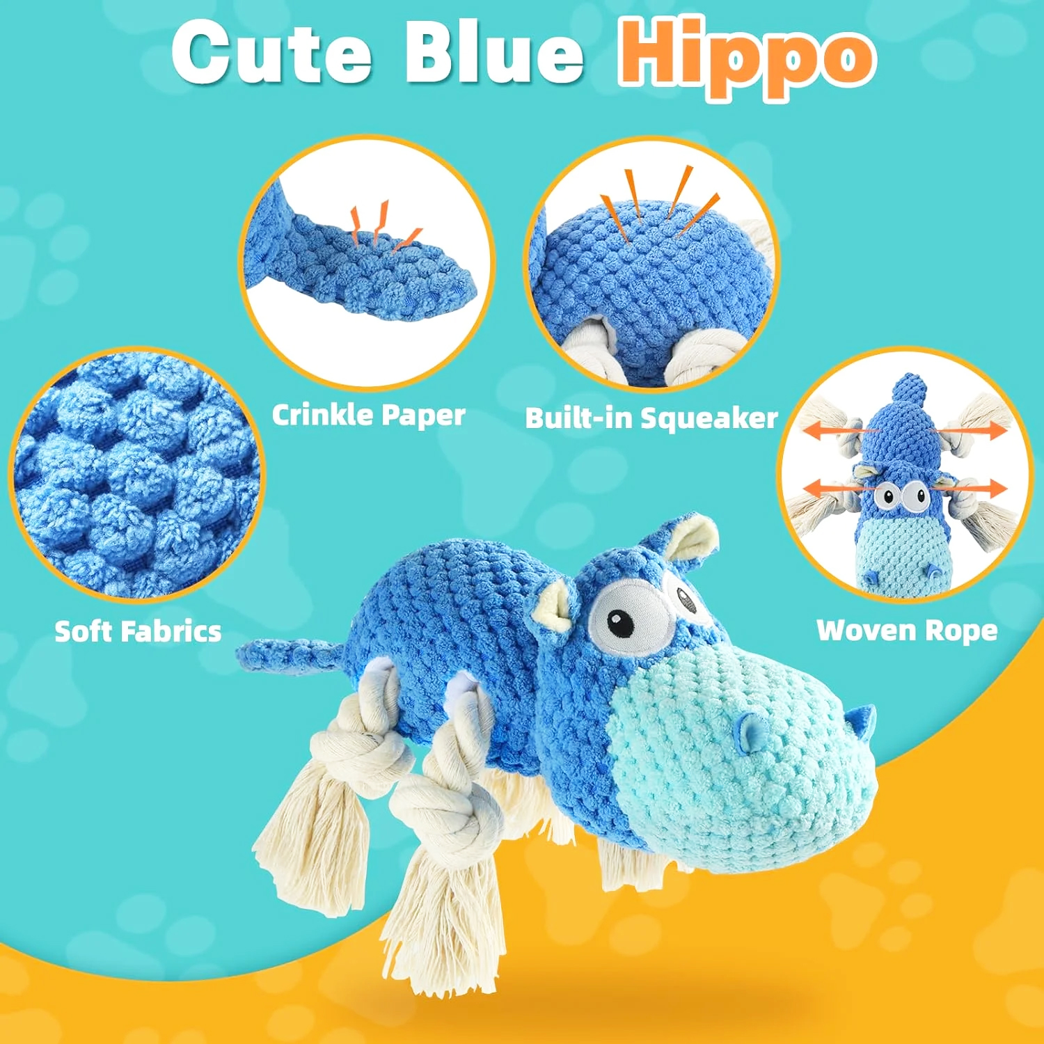 URRU Dog Toys for Aggressive Chewers, Squeaky Hippo photo 2