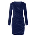 thumbnail image 4 of dresses for women Womens Solid Color Wrap V Neck Long Sleeve Velvet Bag Hip Ruched Cocktail Party Dress, 4 of 8