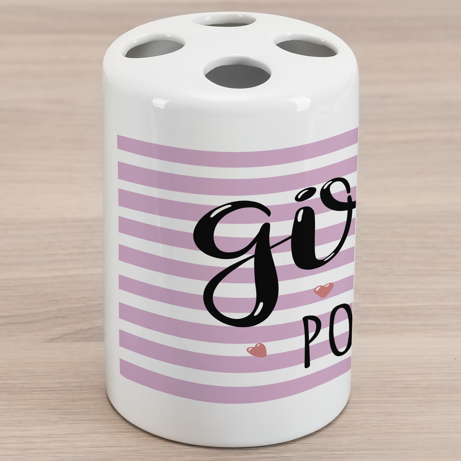Lettering Ceramic Toothbrush Holder, Girl Power Striped Hearts Teen Motivation Feminism Strong Words, Decorative Versatile Countertop for Bathroom, 4.5" X 2.7", Pale Pink Charcoal Grey - image 1 of 4