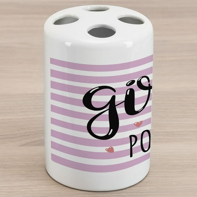 Lettering Ceramic Toothbrush Holder, Girl Power Striped Hearts Teen Motivation Feminism Strong Words, Decorative Versatile Countertop for Bathroom, 4.5" X 2.7", Pale Pink Charcoal Grey