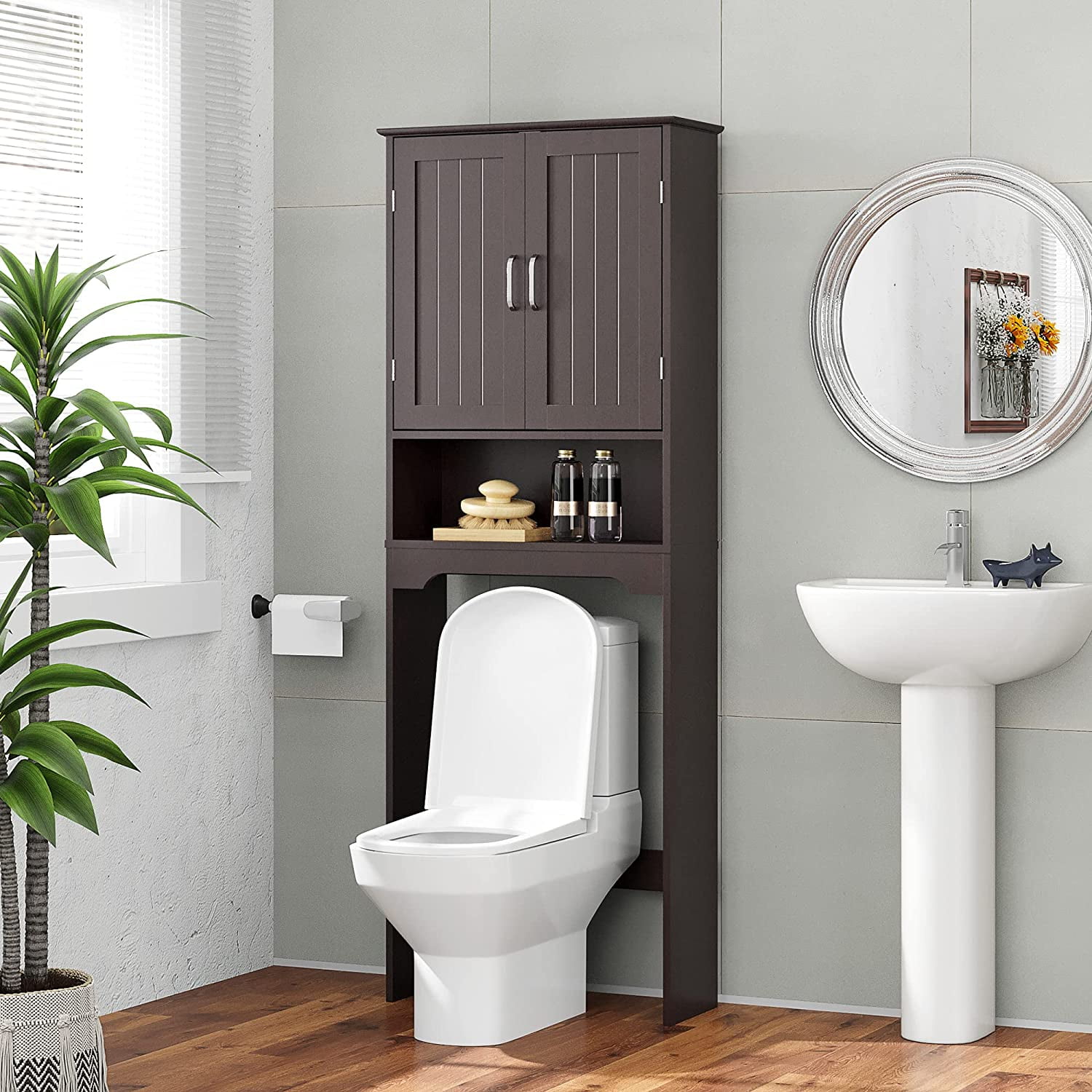 HOMEFORT Wood Over The Toilet Storage Cabinet Freestanding Bathroom Spacesaver Above Toilet Bathroom Shelf Organizer with Double Wood Doors and