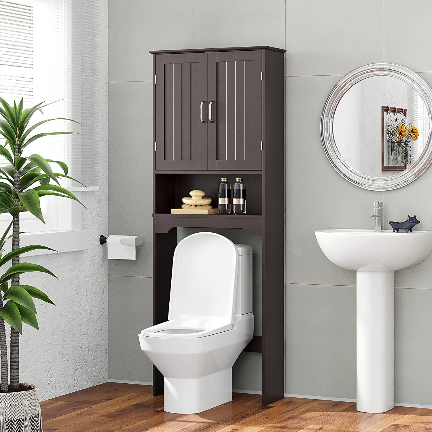 Over the Toilet Storage Rack with 2 Open Shelves and Doors, Bathroom Space  Saver, Natural - ModernLuxe