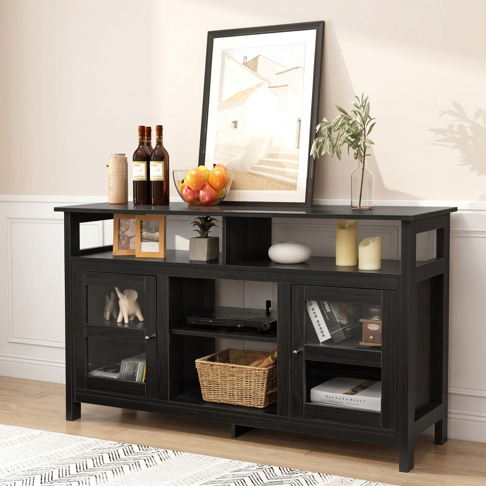 Furnibear 58 Inch TV Stand Entertainment Center Media Console with 2 Acrylic Door Cabinets, Fireplace Ready Open Shelves and Cable Management for TVs up to 65, Black