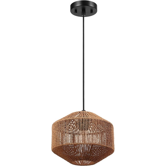 1-Light Pendant Lighting, Natural Twine Shade, Black Fabric Cord, Bulb Not Included