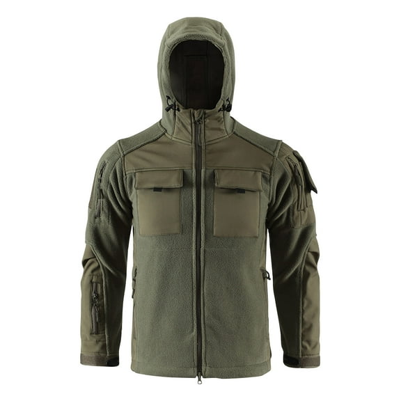Men's Camouflage Winter Jackets Waterproof Windbreaker Fleece Lined Hooded Softshell Coat with Multi Zip Pockets Loose Fit Cargo Utility Jacket for Outdoor Army Green L