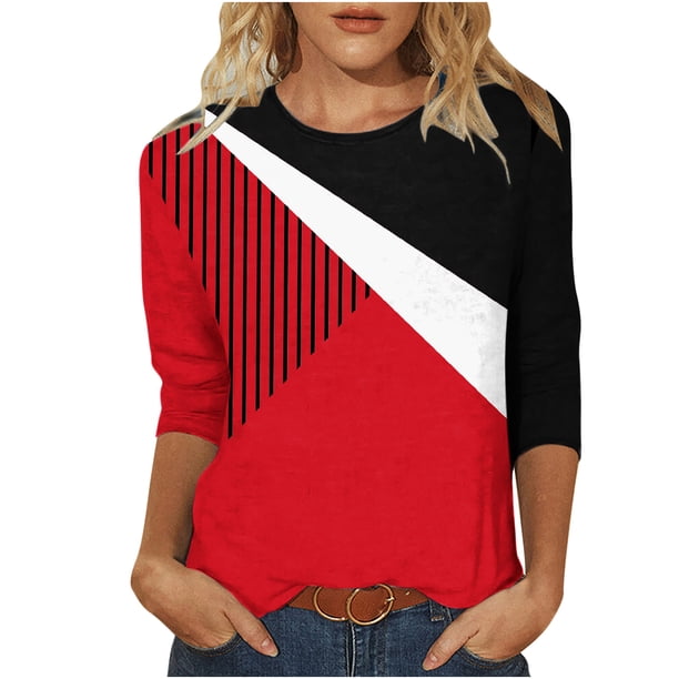 Elegante blusa de manga corta con cuello redondo retro para mujer con estampado de manga tres cuartos OAVQHLG3B Store lin121212