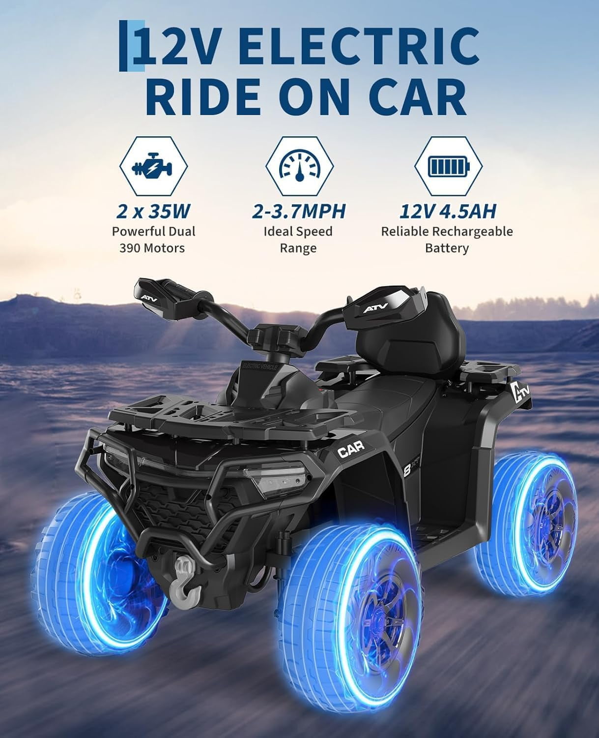 Rugerasy 12V 4 Wheeler ATV,Ride on Eletric Motorcycle, 2-Seater Electric Vehicle Toy Car with High&Low Speed, Music, Led Lights for 3-8 Years,Black