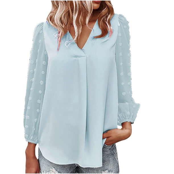 Blusa de gasa de manga larga con cuello en V de color sólido de verano a la moda para mujer Fridja hj3962