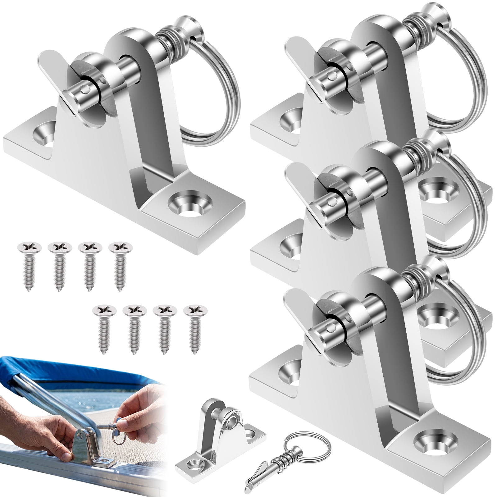 Bimini Top Deck Hinge 316 Stainless Steel Marine Hardware with Quick Release Pin and Ring Boat Bimini Top Part for Pontoon Fishing and Ski Boat (4 Pack)