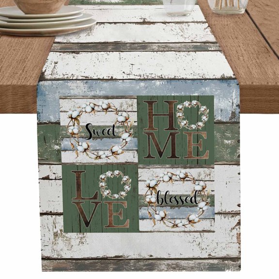 nqOlkjepod Farmhouse Home Vintage Table Runner 70 Inches Long Farmhouse Dress Scarves, Green Beige Wooden Rustic Dining Tablerunner for Coffee Table/Kitchen Island/Party Décor, 13" x 70"