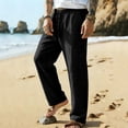 thumbnail image 7 of JUUYY Men's Cotton Linen Pants Drawstring Waist Casual Summer Trousers Lightweight Breathable Straight Leg Vocation Beach Pants Black XL, 7 of 7