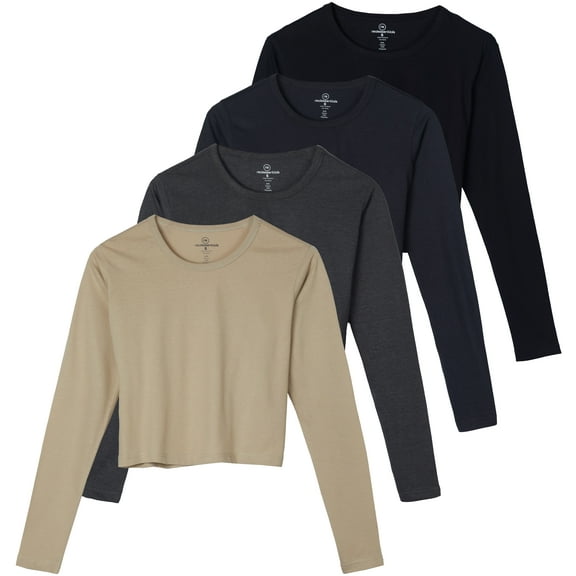 Real Essentials 4 Pack: Women's Cotton Long Sleeve Crew Crop Top - Casual Cropped T-Shirt (Available In Plus Size)