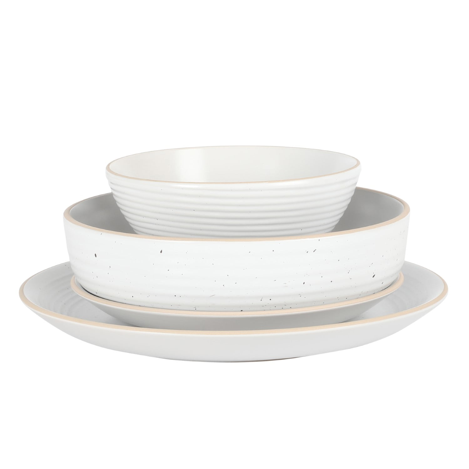 Gibson Home Dinah Double Bowl Stoneware Embossed Speckled Dinnerware Set, Matte White, 16 Piece