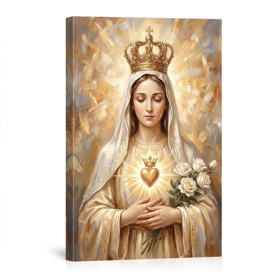 Virgin Mary With Sacred Heart And White Roses For Bedroom Prayer Room Home Canvas