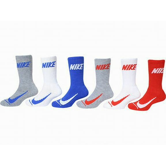 Kid's Boy's Crew Socks Gray Red 6 Pair Logo Swoosh $21 4-5
