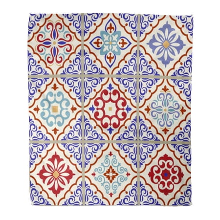 SIDONKU Throw Blanket Warm Cozy Print Flannel Blue Ceramic with Colorful Patchwork Vintage Multicolor in Turkish Endless Red Comfortable Soft for Bed Sofa and Couch 58x80 Inches