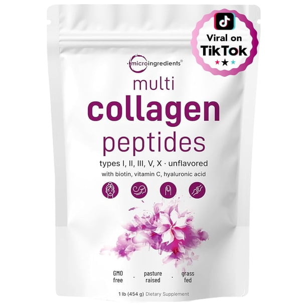 Polvo de péptidos multicolágeno con microingredientes, 473 ml | Tipos I, II, III, V y X + biotina, vitamina C y ácido hialurónico | Sin saborizante | Favorece la salud del cabello, la piel y las artic