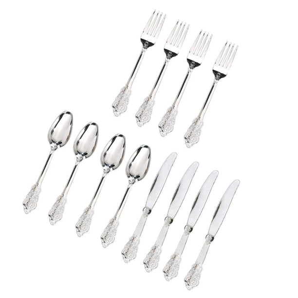 Cubiertos de plástico desechables - de 4 tenedores + 4 cucharas + 4 cuchillos - Artículos de plata para bodas (4 - Dorado, plateado, bla perfecl Vajilla de fiesta