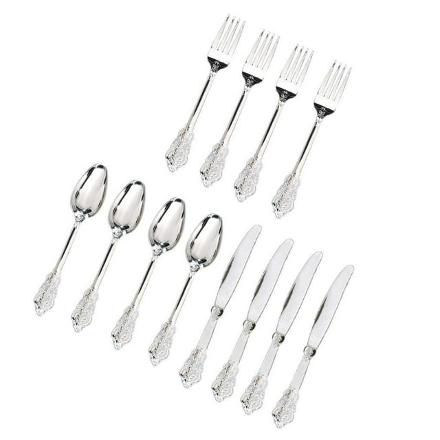 Paquete de 12 cubiertos desechables, tenedores de plástico, cucharas, cuchillos, decoración para fiestas, cubiertos Plata